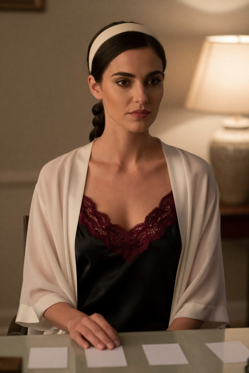 Editorial boudoir photograph of a fictional adult woman, 29 years old, dark hair in a low