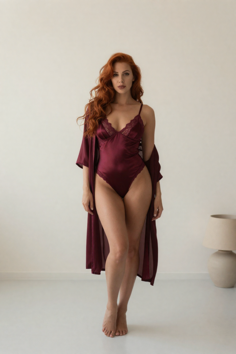 ChuhaiMax muse in burgundy satin and lace with a sheer wine robe, standing full-length before a plain backdrop with a ceramic lamp