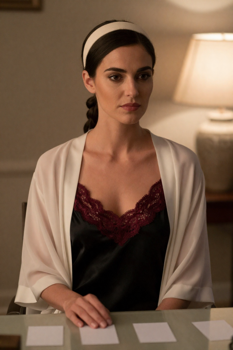 ChuhaiMax muse in an onyx silk slip dress with burgundy lace and an ivory robe, seated at a desk with blank cards and a ceramic lamp